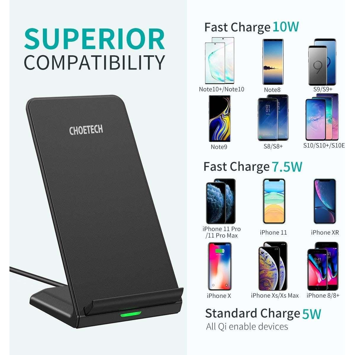 CHOETECH T524S 10W/7.5W Fast Wireless Charging Stand with AC Adapter