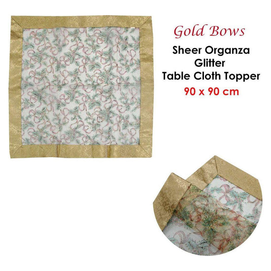 Christmas Gold Bows Sheer Organza Glitter Table Cloth Topper 90 x 90 cm