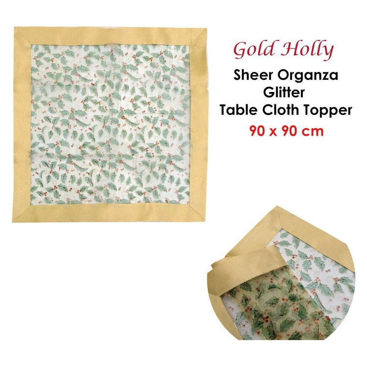 Christmas Gold Holly Sheer Organza Glitter Table Cloth Topper 90 x 90 cm