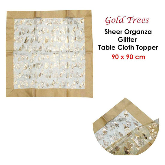 Christmas Gold Trees Sheer Organza Glitter Table Cloth Topper 90 x 90 cm