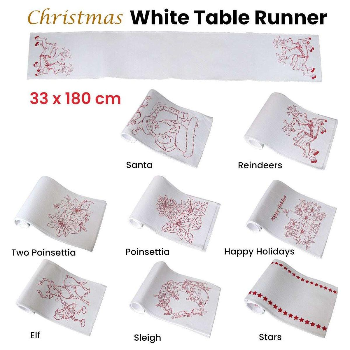 Christmas Print White Table Runner 33 x 180cm Happy Holidays