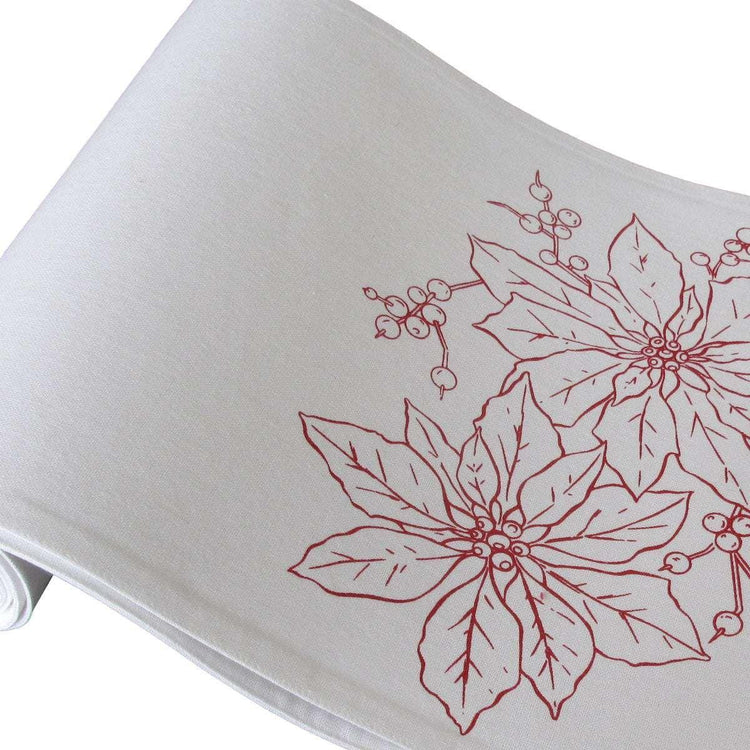 Christmas Print White Table Runner 33 x 180cm Two Poinsettia - Magdasmall