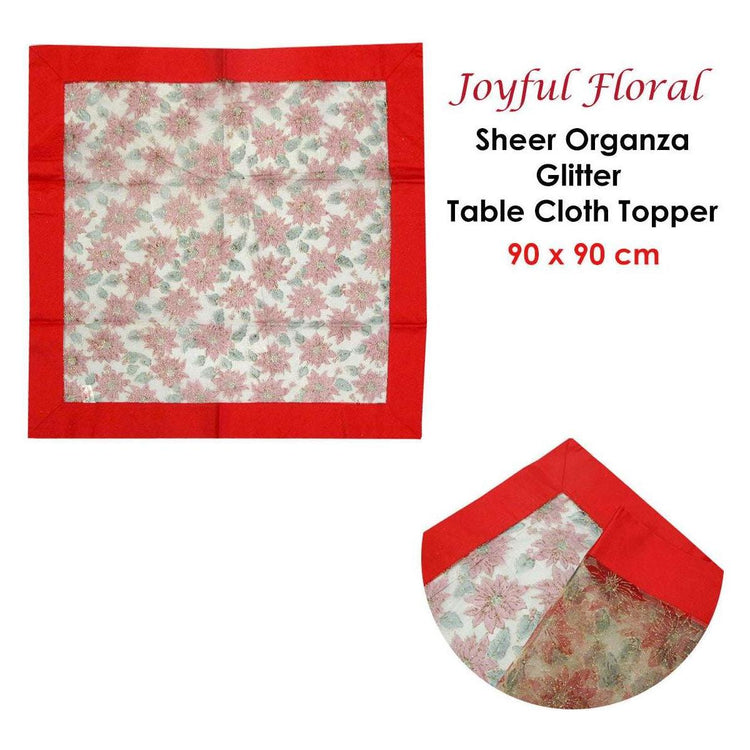 Christmas Red Joyful Floral Sheer Organza Glitter Table Cloth Topper 90 x 90 cm - Magdasmall