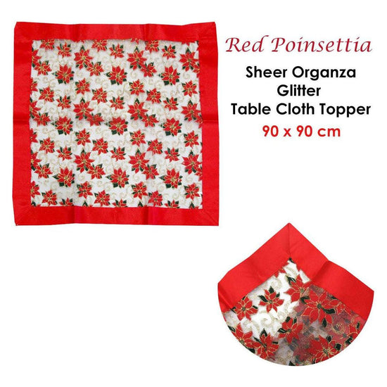 Christmas Red Poinsettia Sheer Organza Glitter Table Cloth Topper 90 x 90 cm - Magdasmall