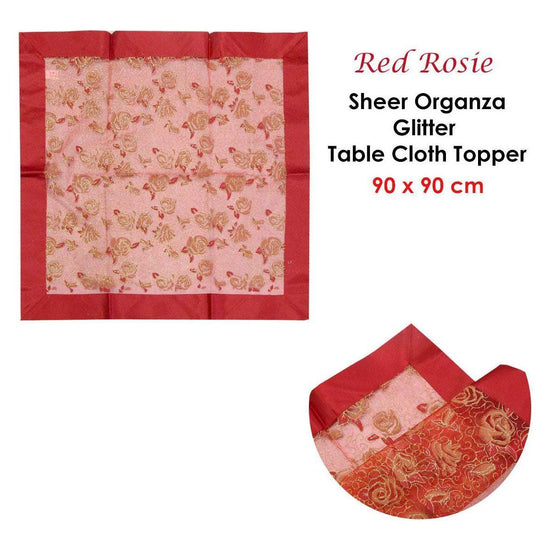 Christmas Red Rosie Sheer Organza Glitter Table Cloth Topper 90 x 90 cm - Magdasmall