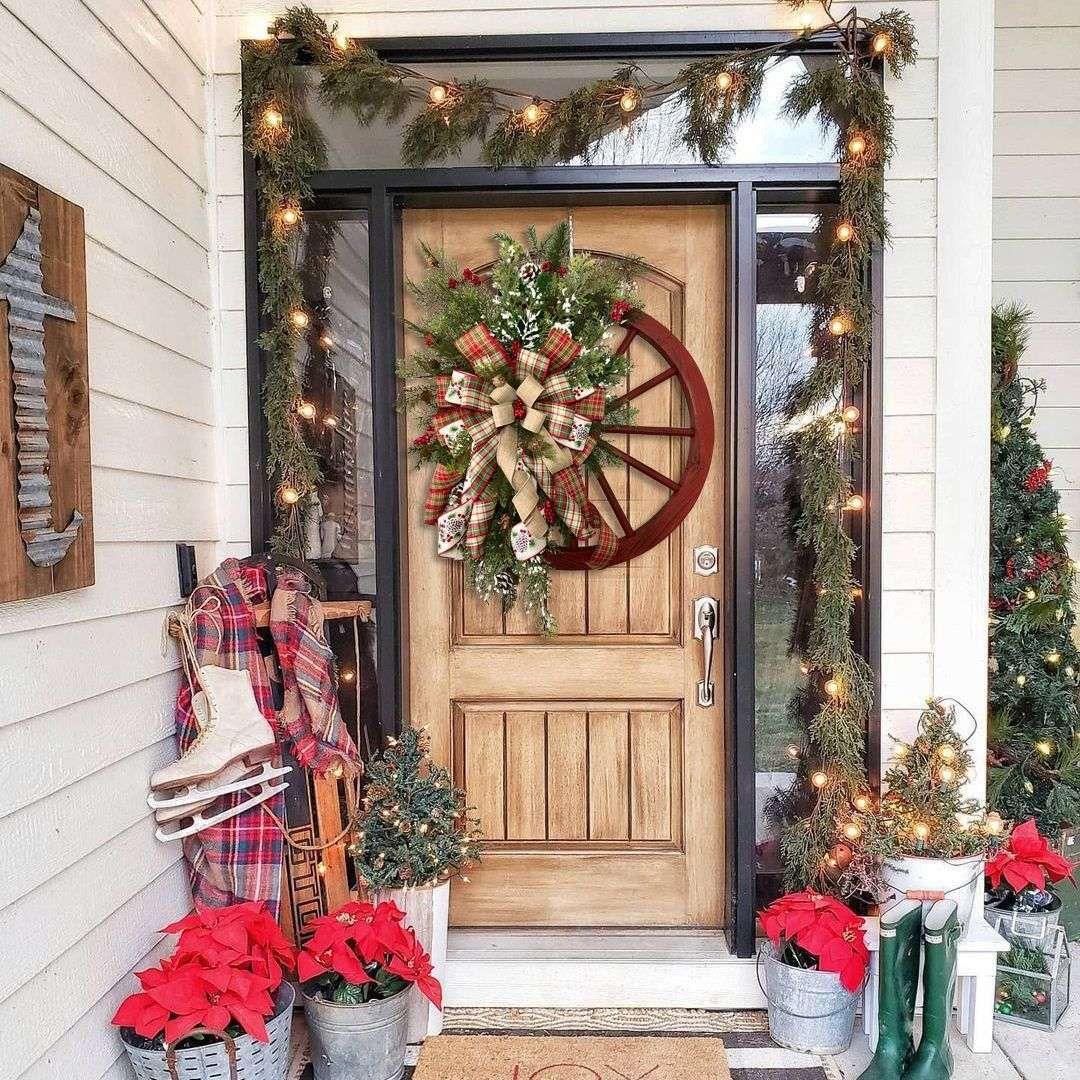 Christmas Red Wooden Wheel Wreath Front Door Hanging Garland Wall Decor(30*30cm) - Magdasmall