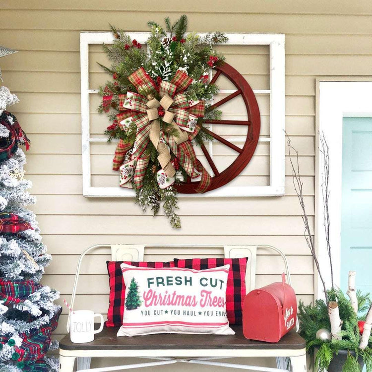 Christmas Red Wooden Wheel Wreath Front Door Hanging Garland Wall Decor(40*40cm) - Magdasmall