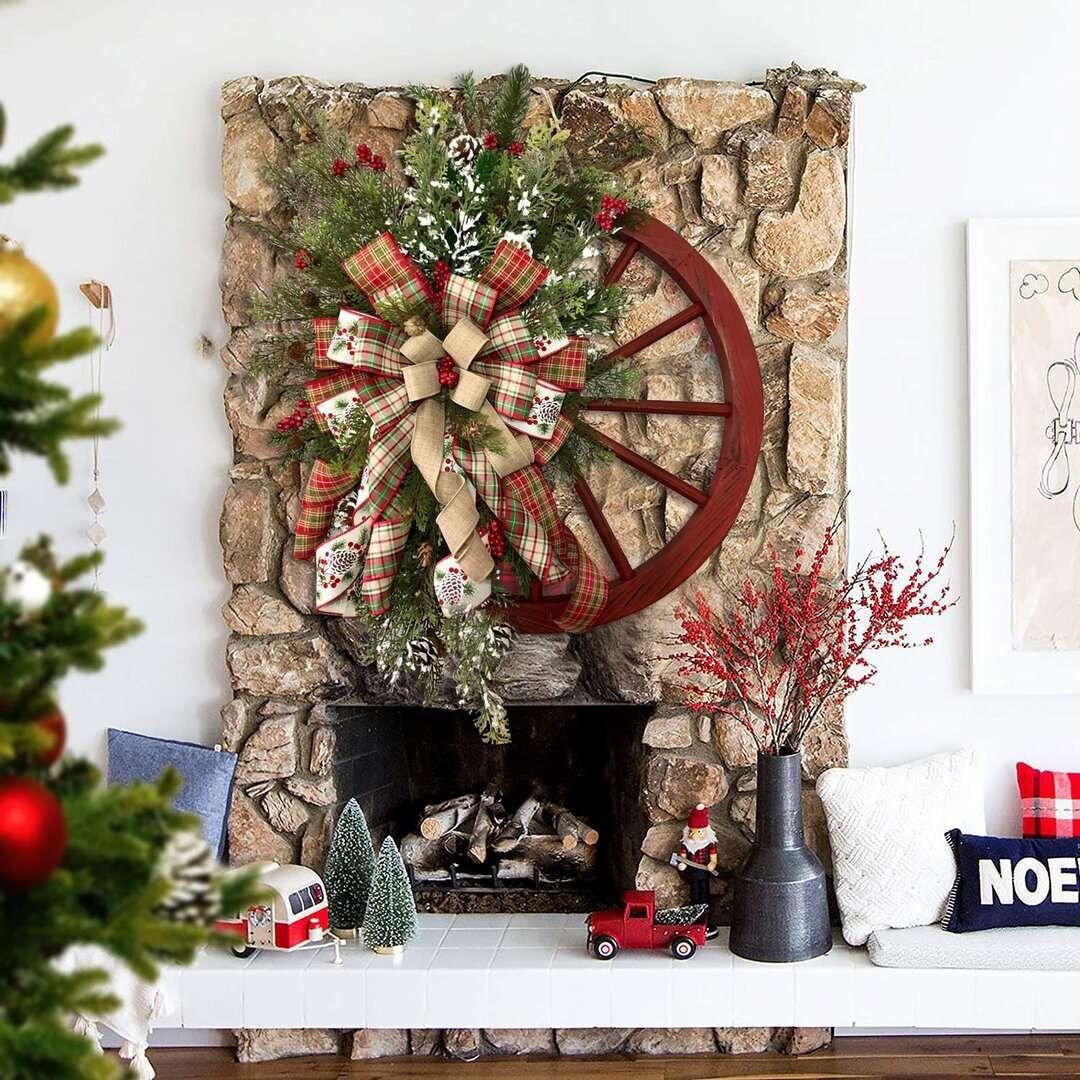 Christmas Red Wooden Wheel Wreath Front Door Hanging Garland Wall Decor(40*40cm) - Magdasmall