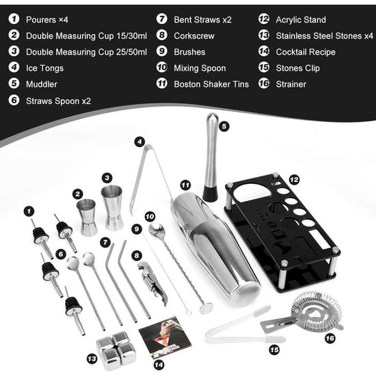 Cocktail Shaker Set Boston 23-Piece Stainless Steel and Professional Bar Tools for Drink Mixing