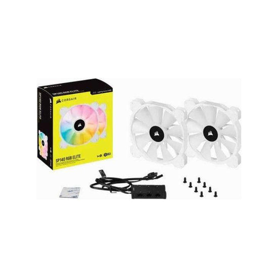 CORSAIR White SP140 RGB ELITE, 140mm RGB LED Fan with AirGuide, 68 CFM, Dual Pack with Lighting Node CORE