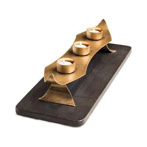 Decorative Black Gold Tea Light Metal Candle Holder Stand with Wooden Base - Magdasmall