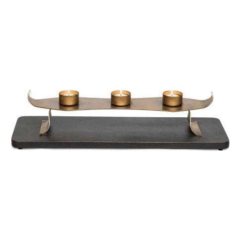 Decorative Black Gold Tea Light Metal Candle Holder Stand with Wooden Base - Magdasmall