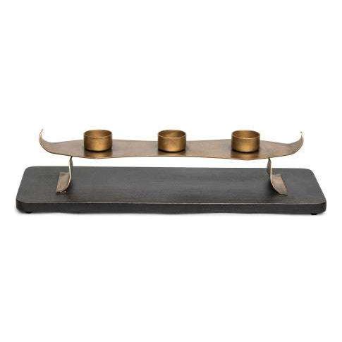 Decorative Black Gold Tea Light Metal Candle Holder Stand with Wooden Base - Magdasmall