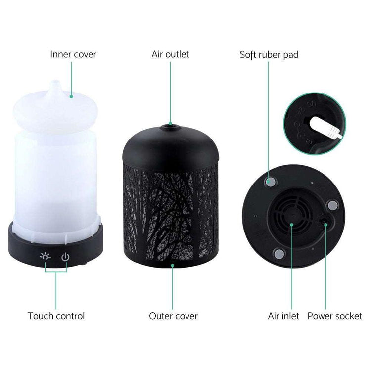 DEVANTI Aroma Diffuser Aromatherapy LED Night Light Iron Air Humidifier Black Forrest Pattern 160ml