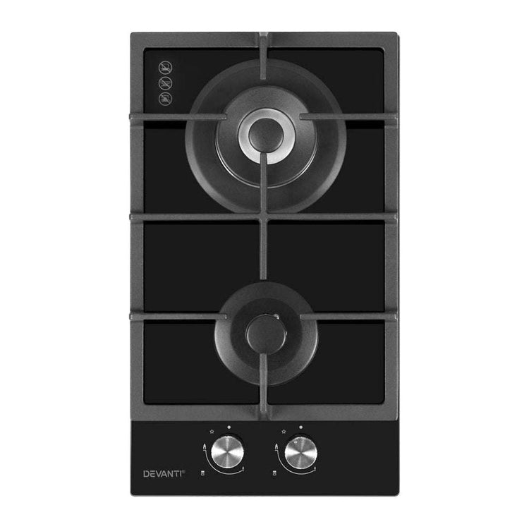 Devanti Gas Cooktop 30cm Gas Stove Cooker 2 Burner Cook Top Konbs NG LPG Black