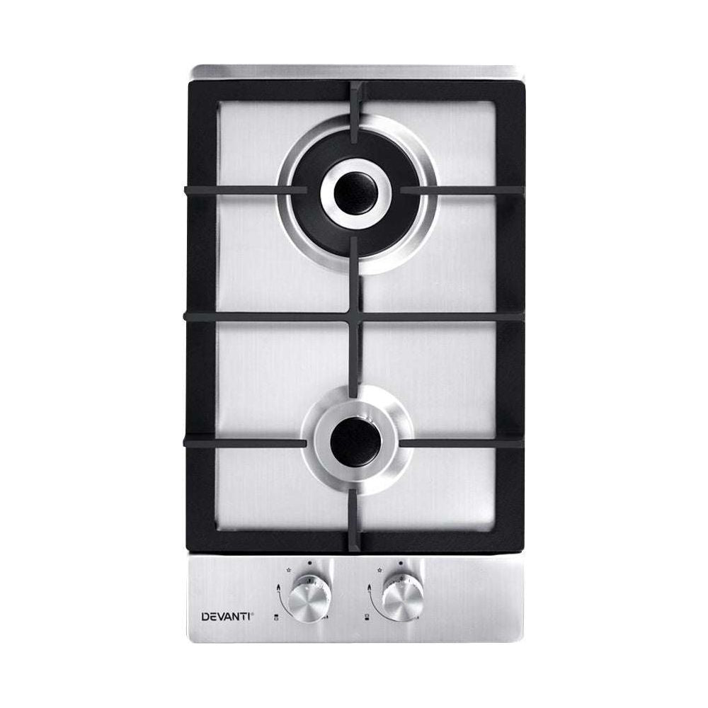 Devanti Gas Cooktop 30cm Gas Stove Cooker 2 Burner Cook Top Konbs NG LPG Steel