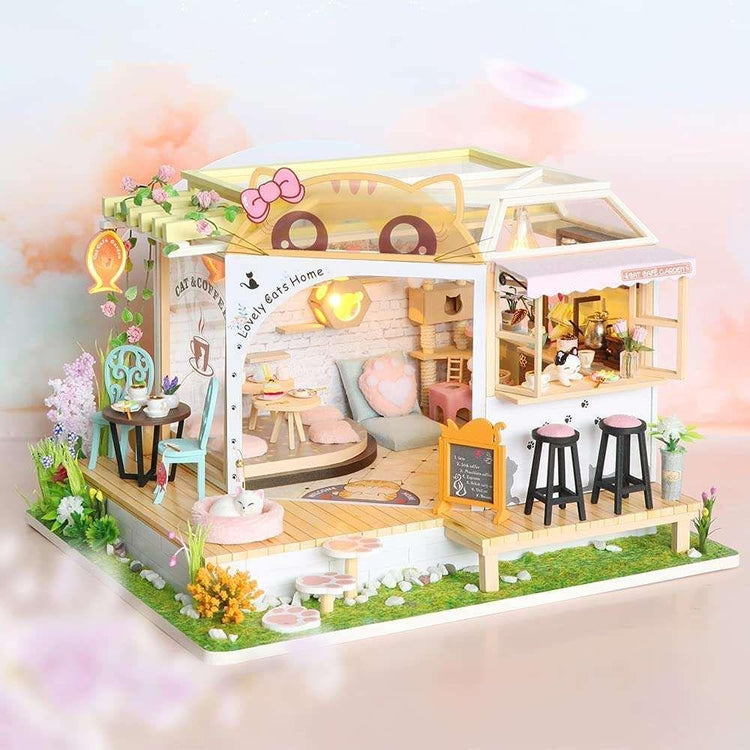 Dollhouse Miniature with Furniture Kit Plus Dust Proof and Music Movement - Cat Coffee (Valentine&