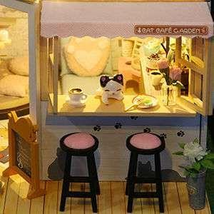 Dollhouse Miniature with Furniture Kit Plus Dust Proof and Music Movement - Cat Coffee (Valentine&