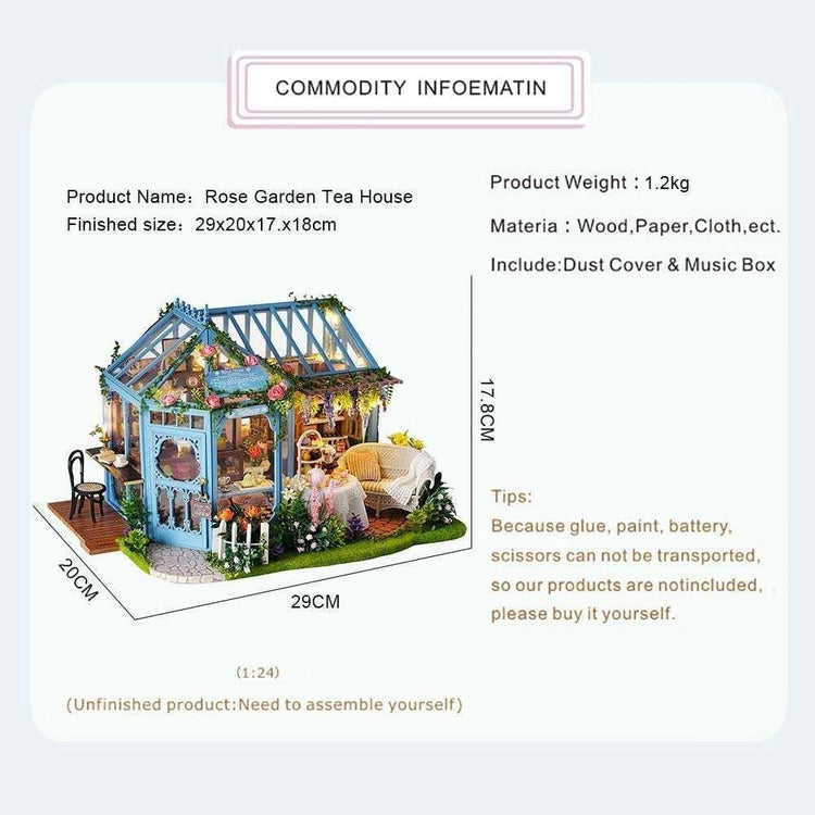 Dollhouse Miniature with Furniture Kit Plus Dust Proof and Music Movement - Rosa Garden Tea - Magdasmall