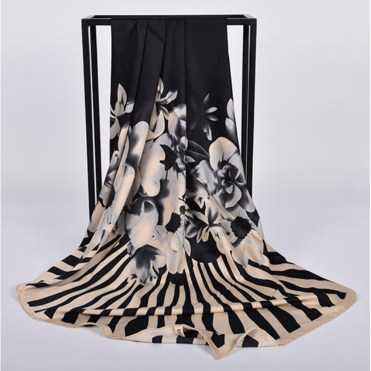 Elegant Black Biege Polyester Satin Scarf - Magdasmall