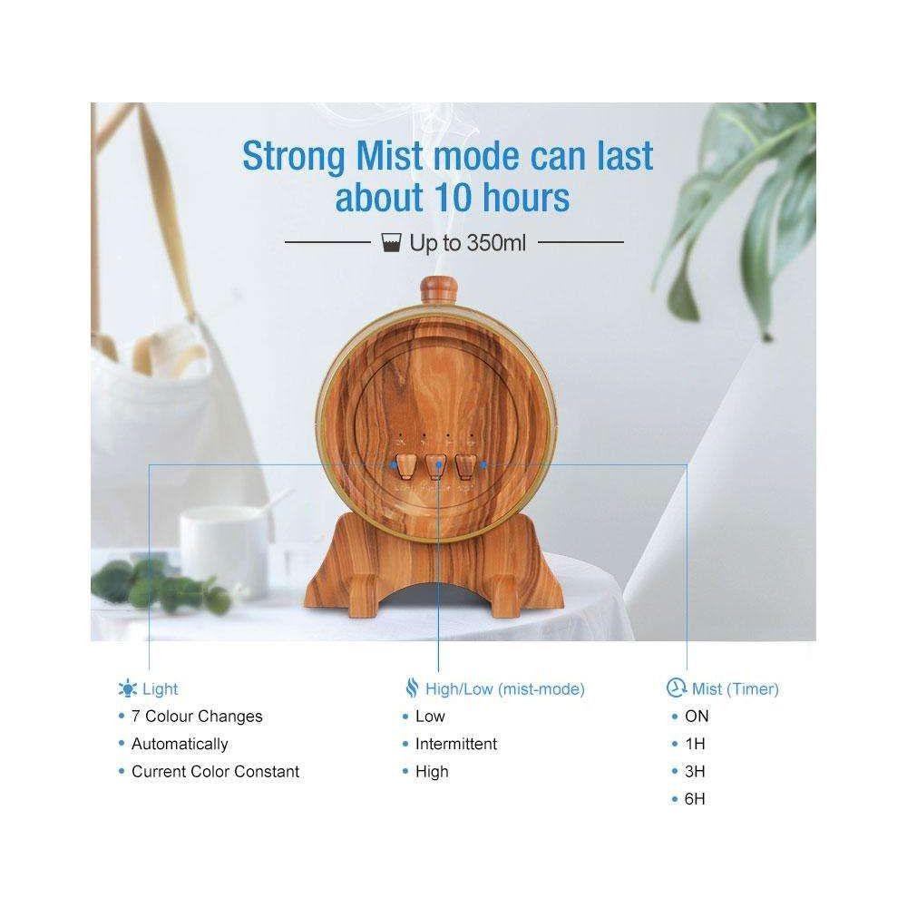 Essential Oil Aroma Diffuser - 350ml Barrel Wood Ultrasonic Air Mist Humidifier