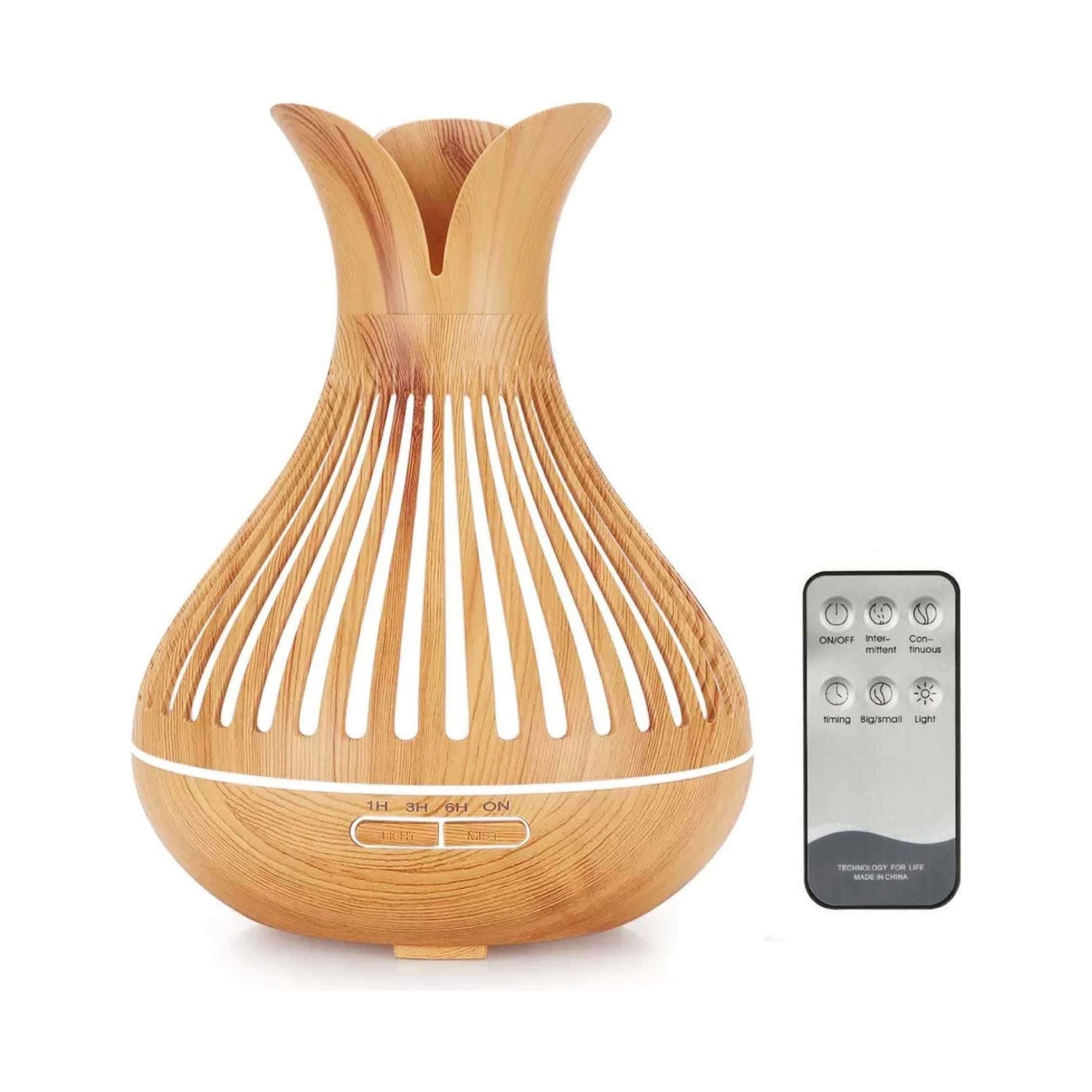 Essential Oil Aroma Diffuser and Remote - 500ml Flower Top Wood Mist Humidifier