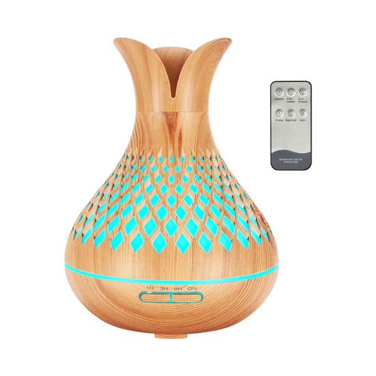 Essential Oil Aroma Diffuser and Remote - 500ml Vase Flower Wood Mist Humidifier