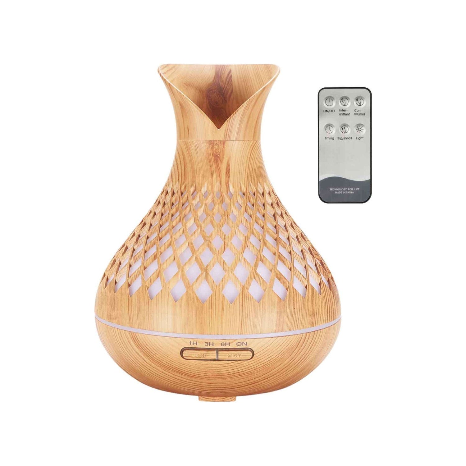 Essential Oil Aroma Diffuser and Remote - 500ml Vase Tulip Wood Mist Humidifier