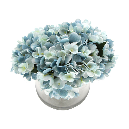 Premium Faux Hydrangea With Glass Vase (Artificial Flowering Blue Hydrangea) 23cm