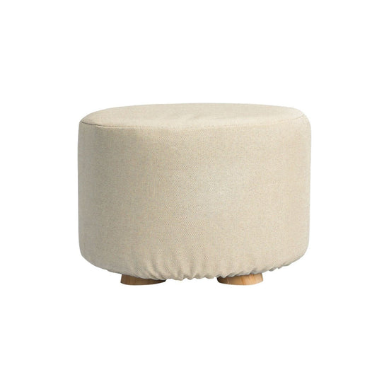 Fabric Ottoman Round Wooden Leg Foot Stool - BEIGE