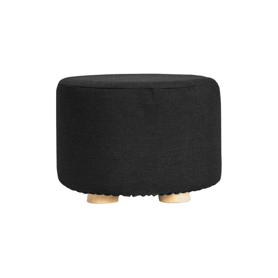 Fabric Ottoman Round Wooden Leg Foot Stool - BLACK