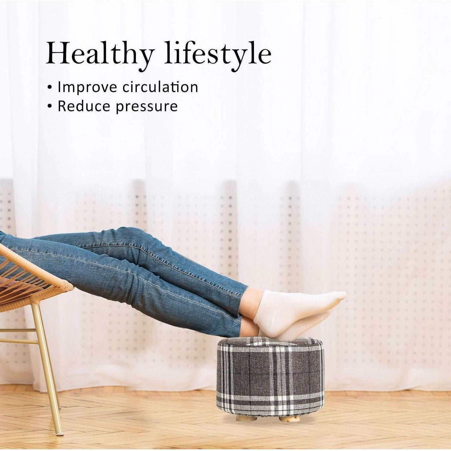 Fabric Ottoman Round Wooden Leg Foot Stool - LATTICE