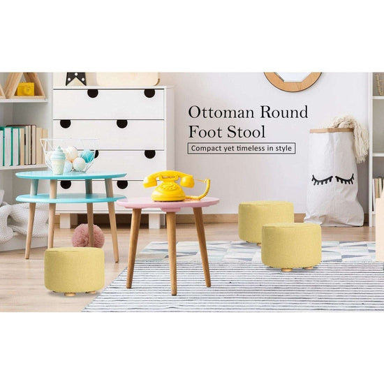 Fabric Ottoman Round Wooden Leg Foot Stool - MUSTARD YELLOW