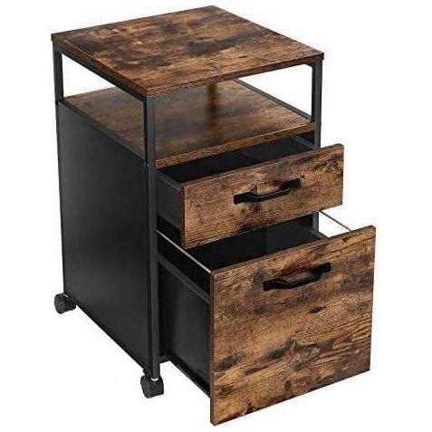 File Cabinet with 2 Drawers, Wheels and Open Compartment Rustic Brown and Black