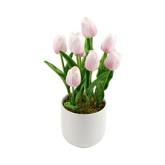 Flowering Pink Artificial Tulip Plant Arrangement With Ceramic Bowl 35cm - Magdasmall