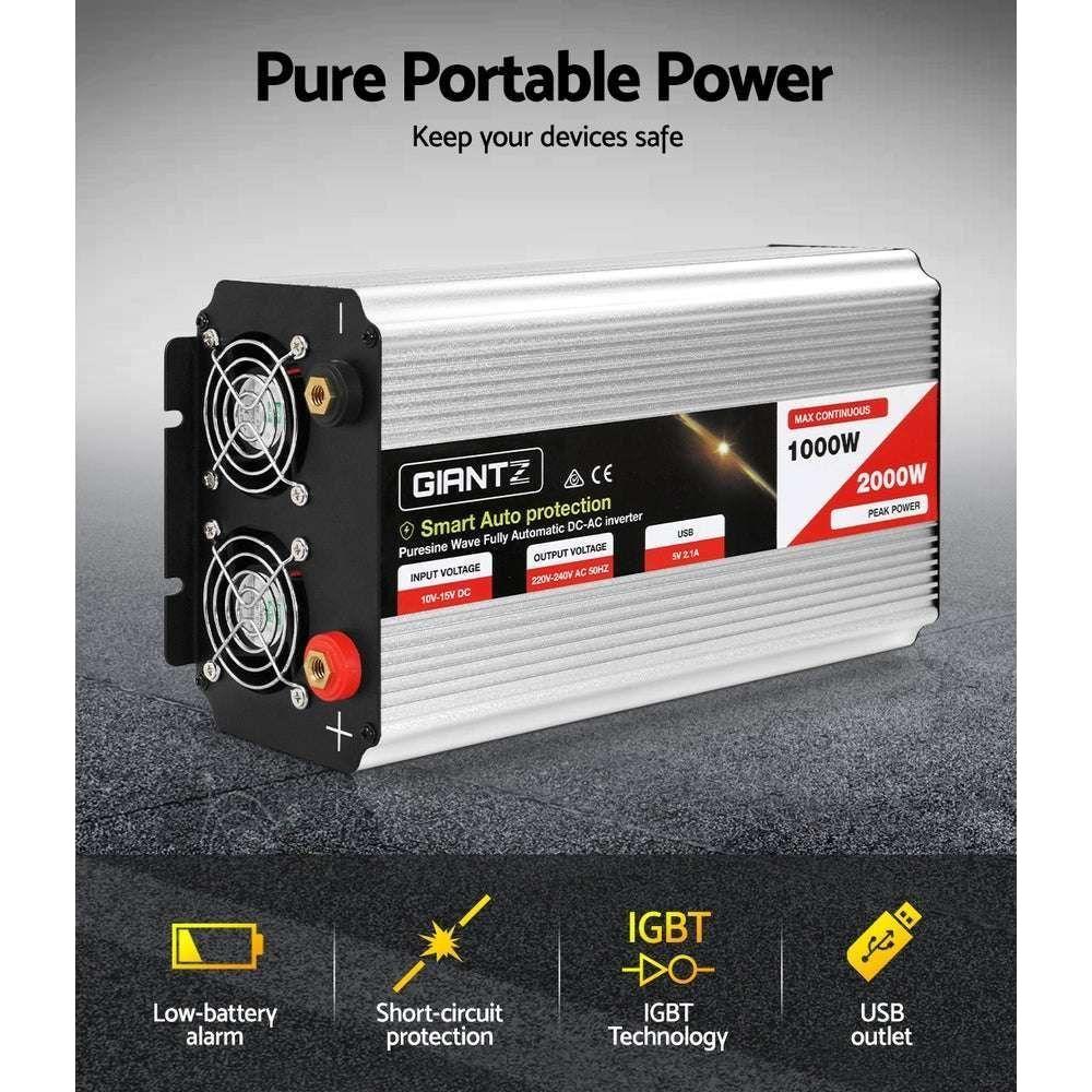 Giantz Power Inverter 1000W or 2000W Pure Sine Wave 12V-240V Camping Boat Caravan