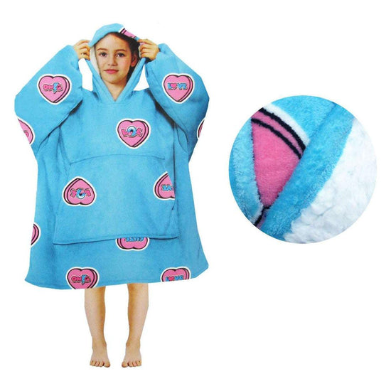 Girls Comfy Warm Blanket Hoodie with Sherpa Fleece Reverse Love Hearts