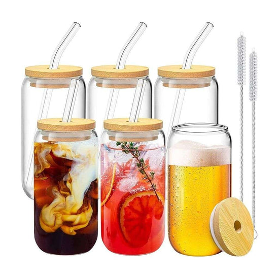 GOMINIMO 6 Pcs Clear Drinking Glasses with Bamboo Lids and Glass Straw 16 Oz