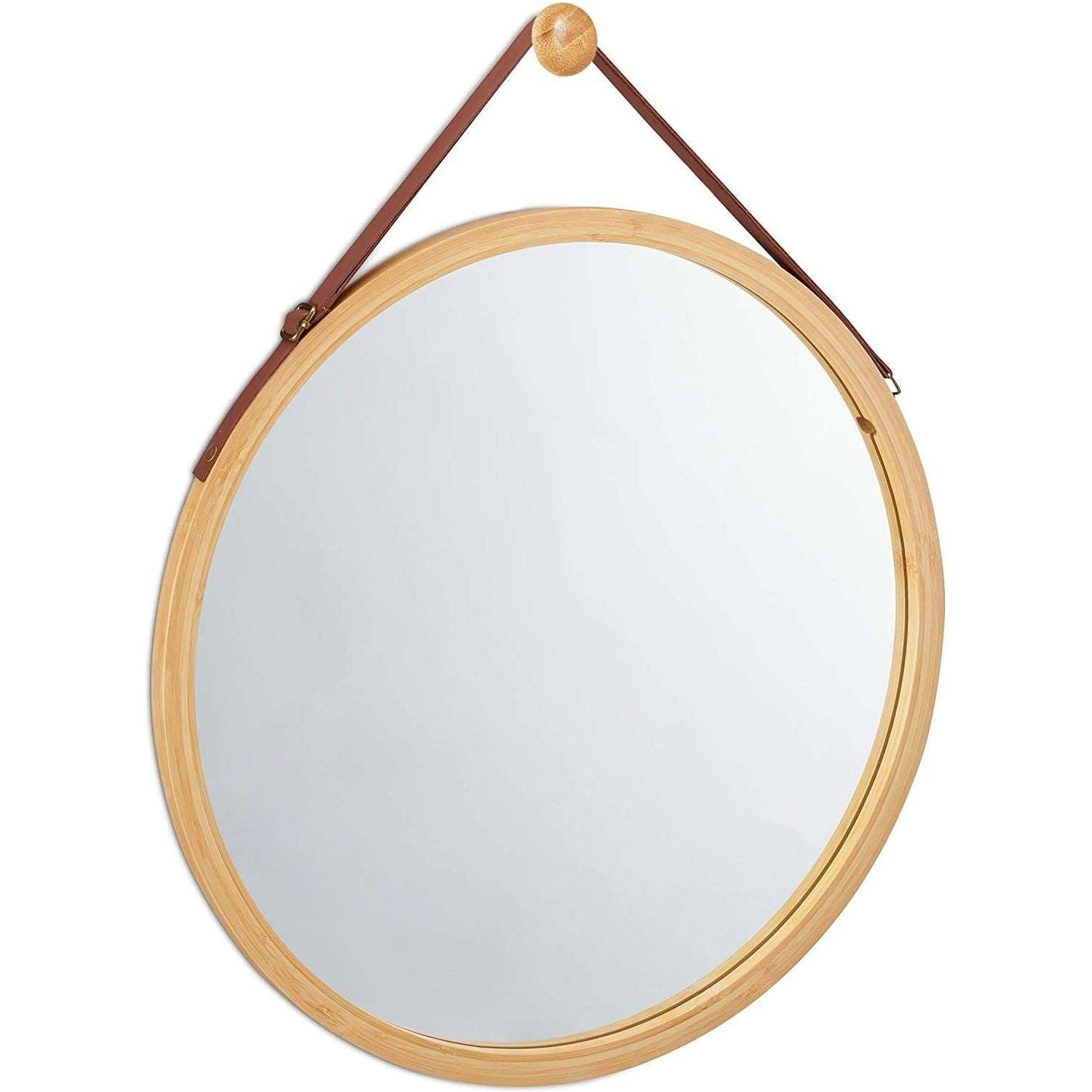 Hanging Round Wall Mirror 38 cm - Solid Bamboo Frame and Adjustable Leather Strap for Bathroom and Bedroom