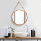 Hanging Round Wall Mirror 38 cm - Solid Bamboo Frame and Adjustable Leather Strap for Bathroom and Bedroom