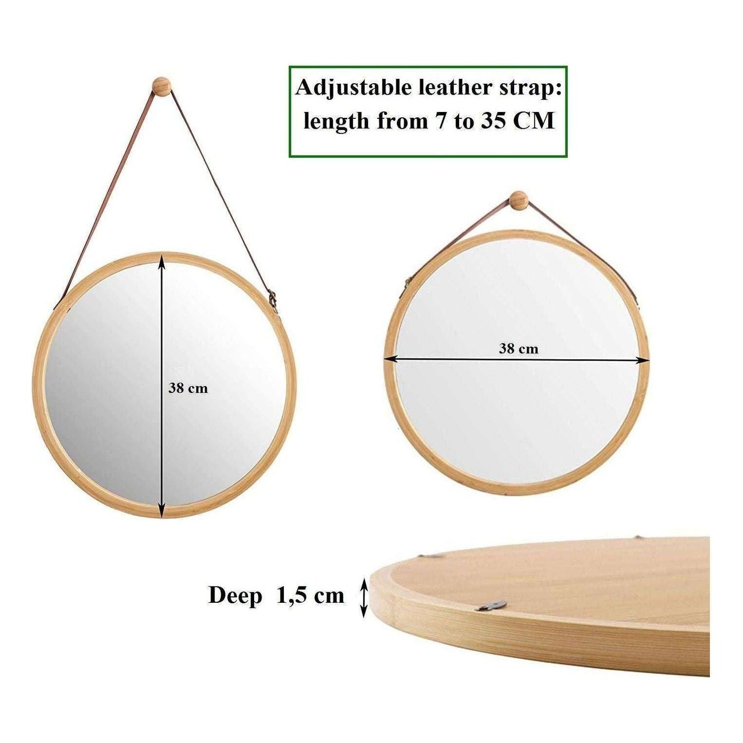 Hanging Round Wall Mirror 38 cm - Solid Bamboo Frame and Adjustable Leather Strap for Bathroom and Bedroom