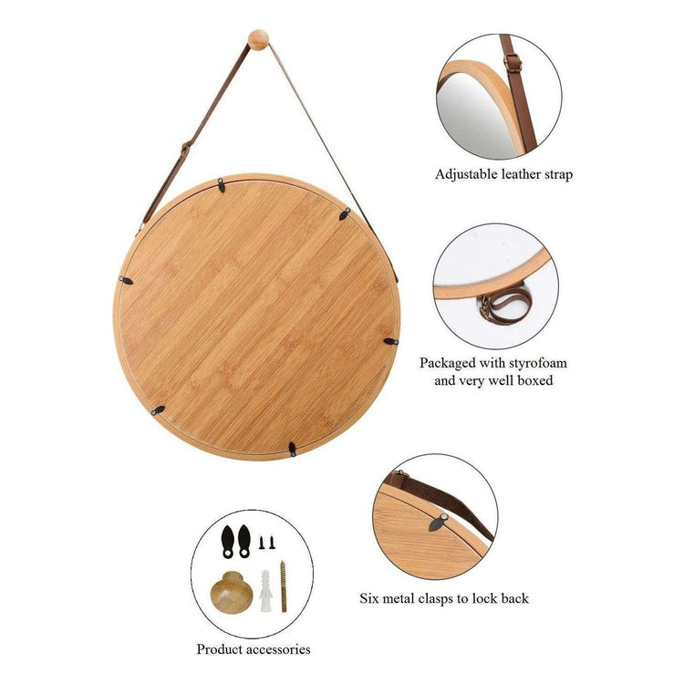 Hanging Round Wall Mirror 38 cm - Solid Bamboo Frame and Adjustable Leather Strap for Bathroom and Bedroom