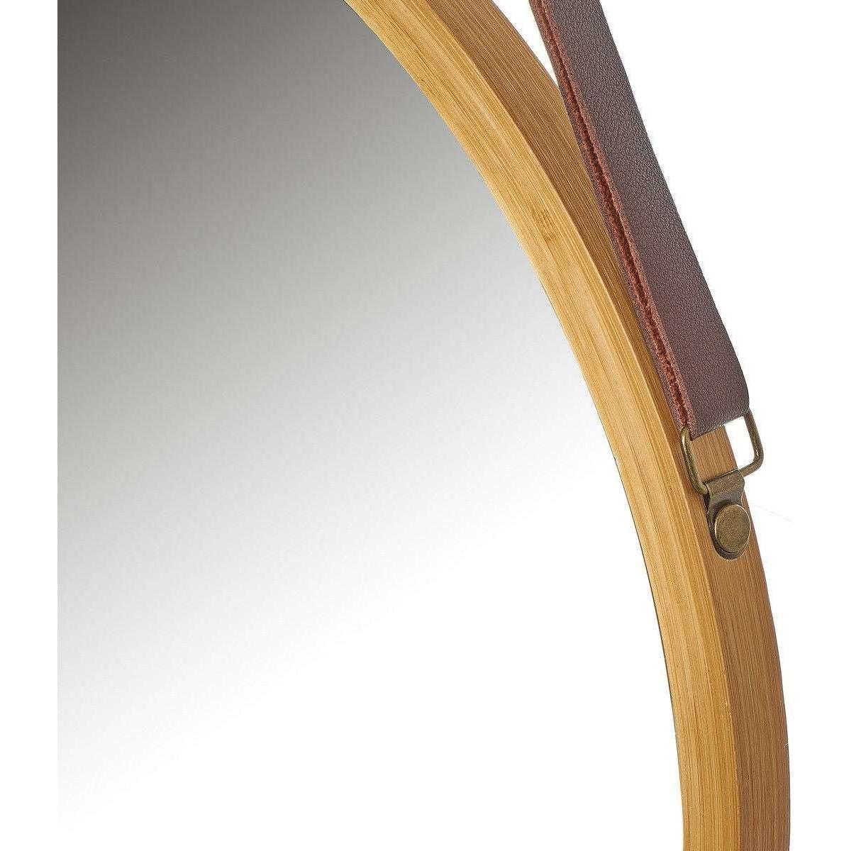 Hanging Round Wall Mirror 45 cm - Solid Bamboo Frame and Adjustable Leather Strap for Bathroom and Bedroom