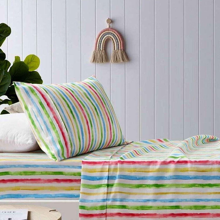 Happy Kids Multi Stripes Printed Microfibre Sheet Set Double - Magdasmall