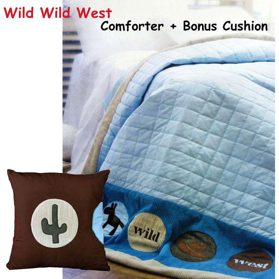 Happy Kids Wild Wild West Blue Embroidered Comforter with Bonus Cushion - Magdasmall