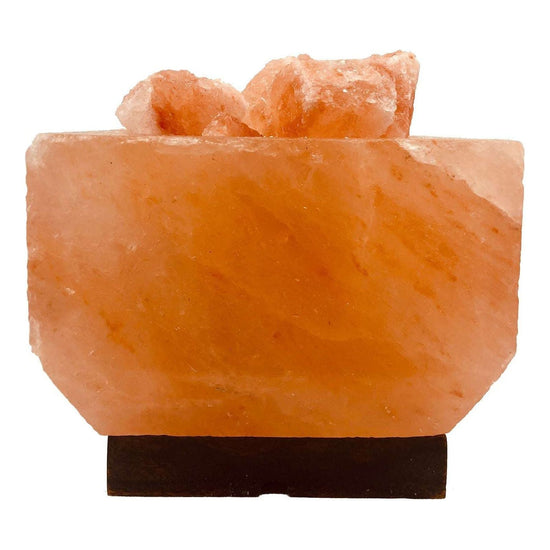 Himalayan Salt Lamp CUBE FIREBOWL with Wood Base w Black Cord (10w/24v) - Magdasmall