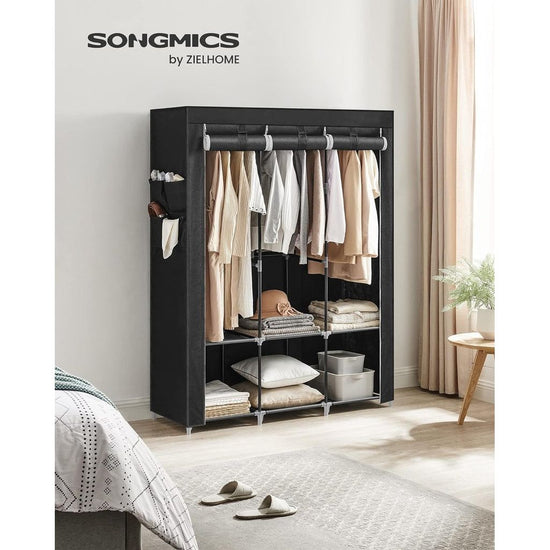 SONGMICS Clothes Wardrobe Portable Closet with Cover and 3 Hanging Rails Black RYG092B02