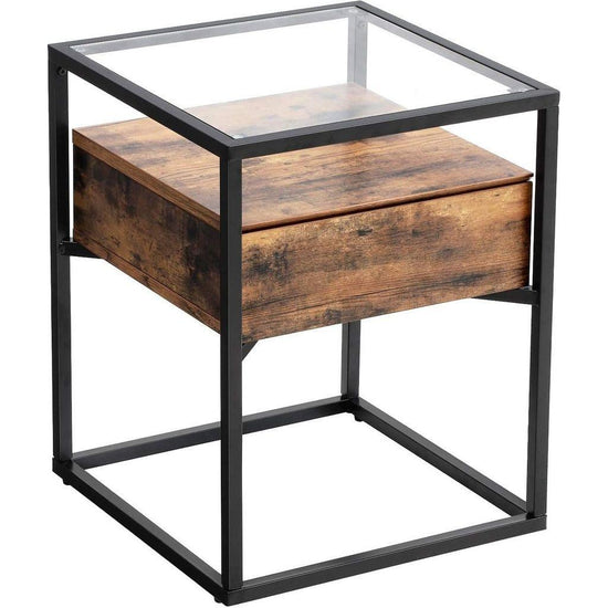 VASAGLE Side Table Tempered Glass End Table with Drawer and Shelf Rustic Brown and Black