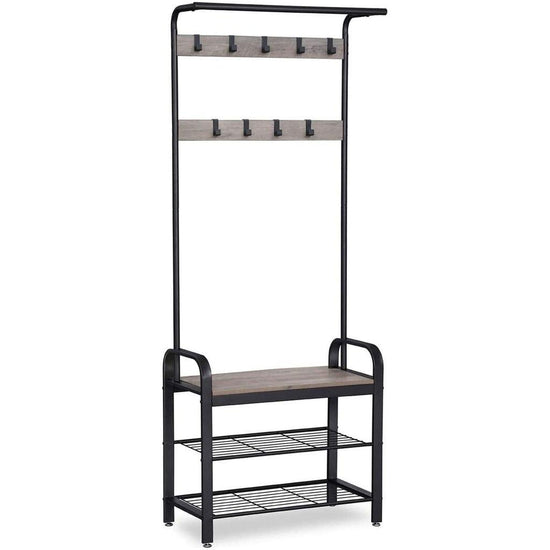 VASAGLE Entryway Hall Tree Coat Rack 183cm Shoe Bench with Shelves Greige and Black