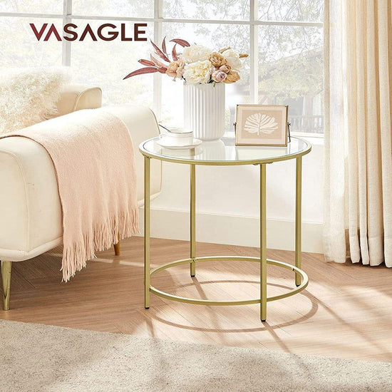 VASAGLE Round Side Tables Set of 2 Tempered Glass with Steel Frame Gold